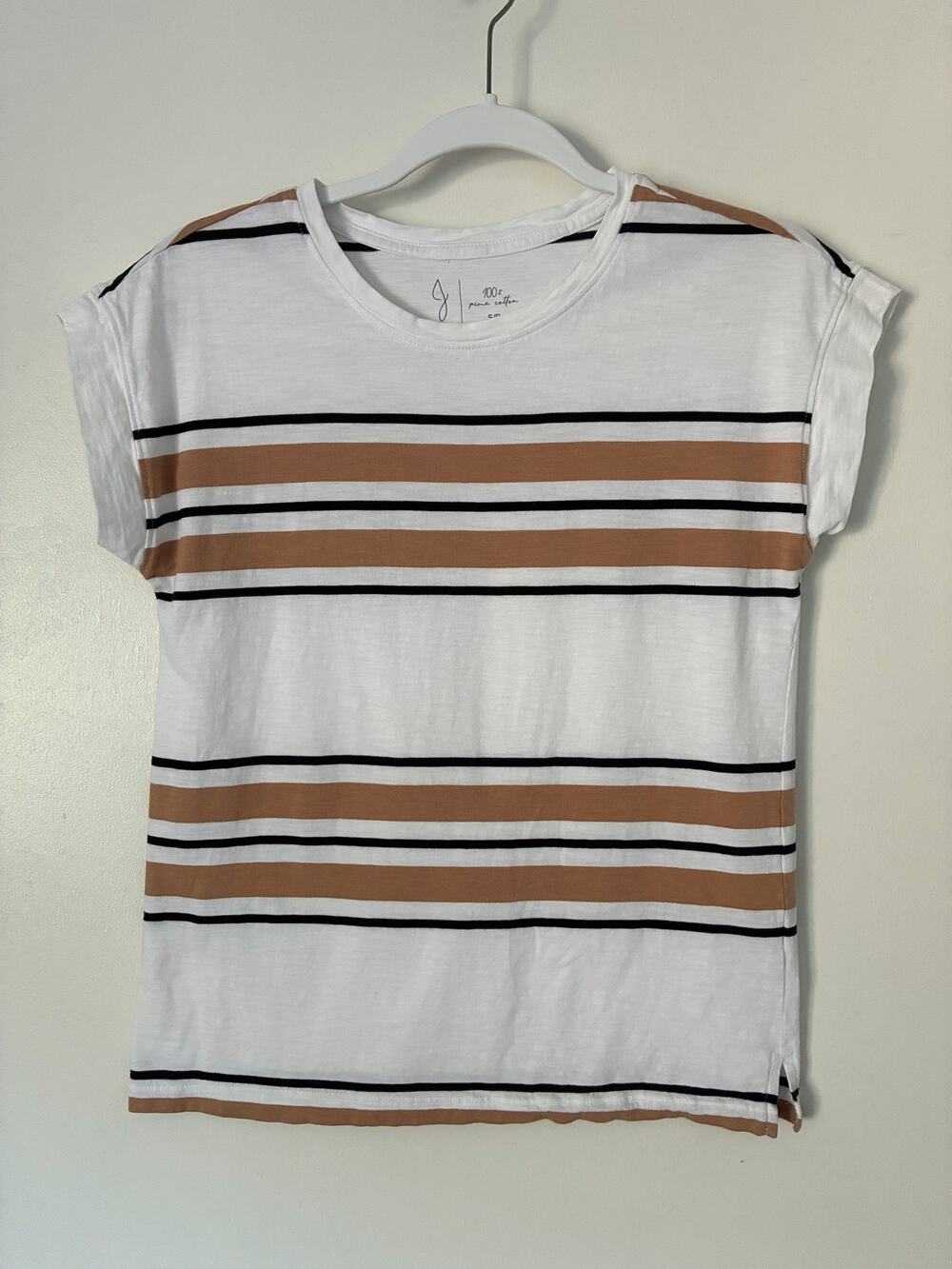 Joie Casual Tee White Tan Stripes Short Sleeve Round Neck 100% Pima Cotton Small